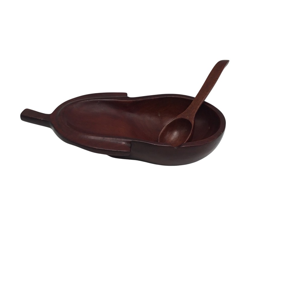 Vintage Hand Carved Wood Leaf Snack Bowl with Spoon Haiti Mahogany Tone 8.5 Inch